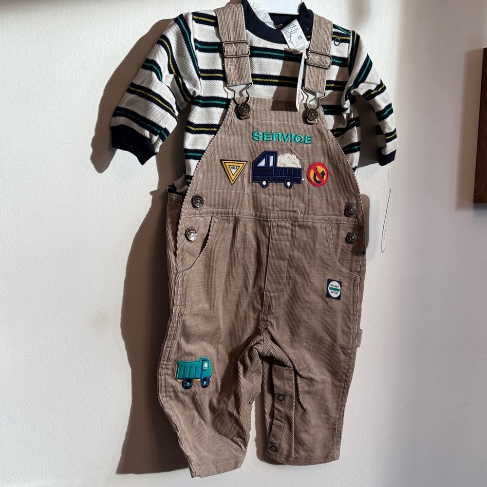 Vintage Nannette Tan Kids Overalls with Striped Shirt